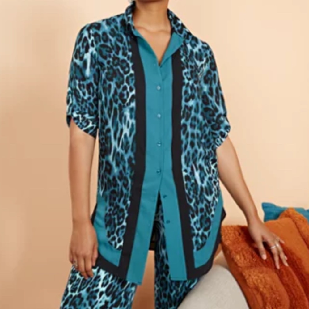 NY&C Teal Leopard Button Down Tunic Top